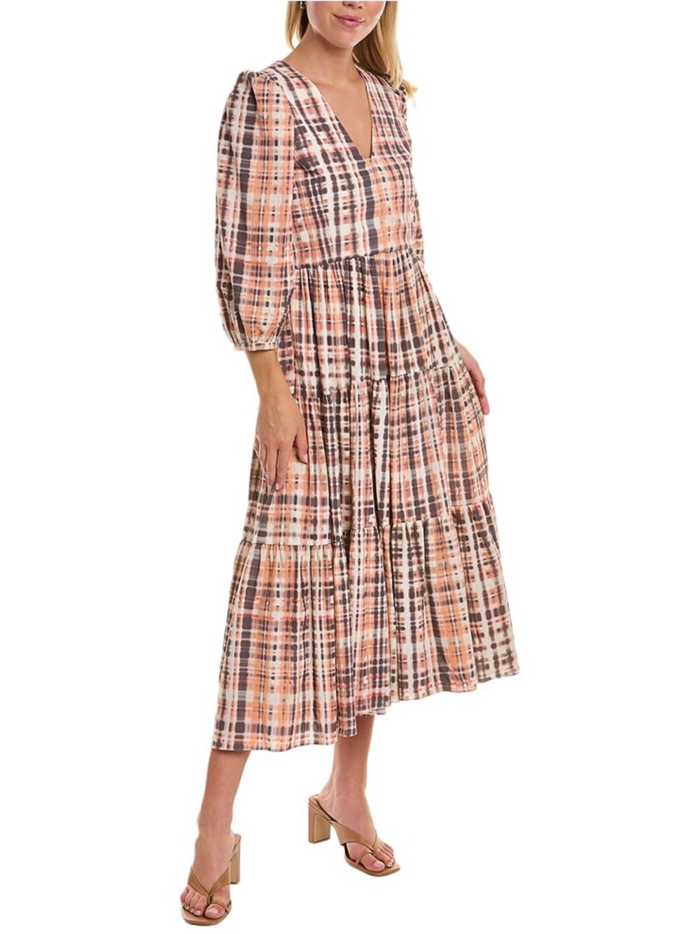 Joie Tobey Plaid Tiered Printed Dress in Espresso Multi - Size 10
